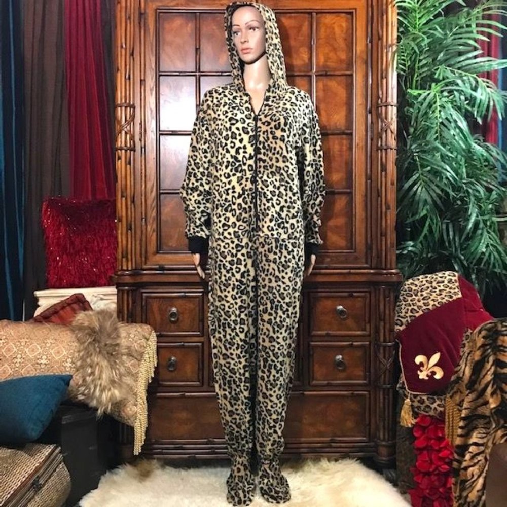 French Jenny Natural Leopard Premium Stretch Fleece Hooded Footed Onesie